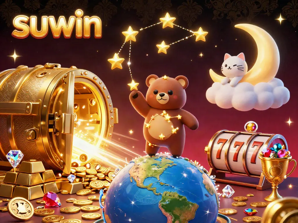 Suwin brings excitement to gameplay with a vibrant 3D casino scene filled with coins and treasures.