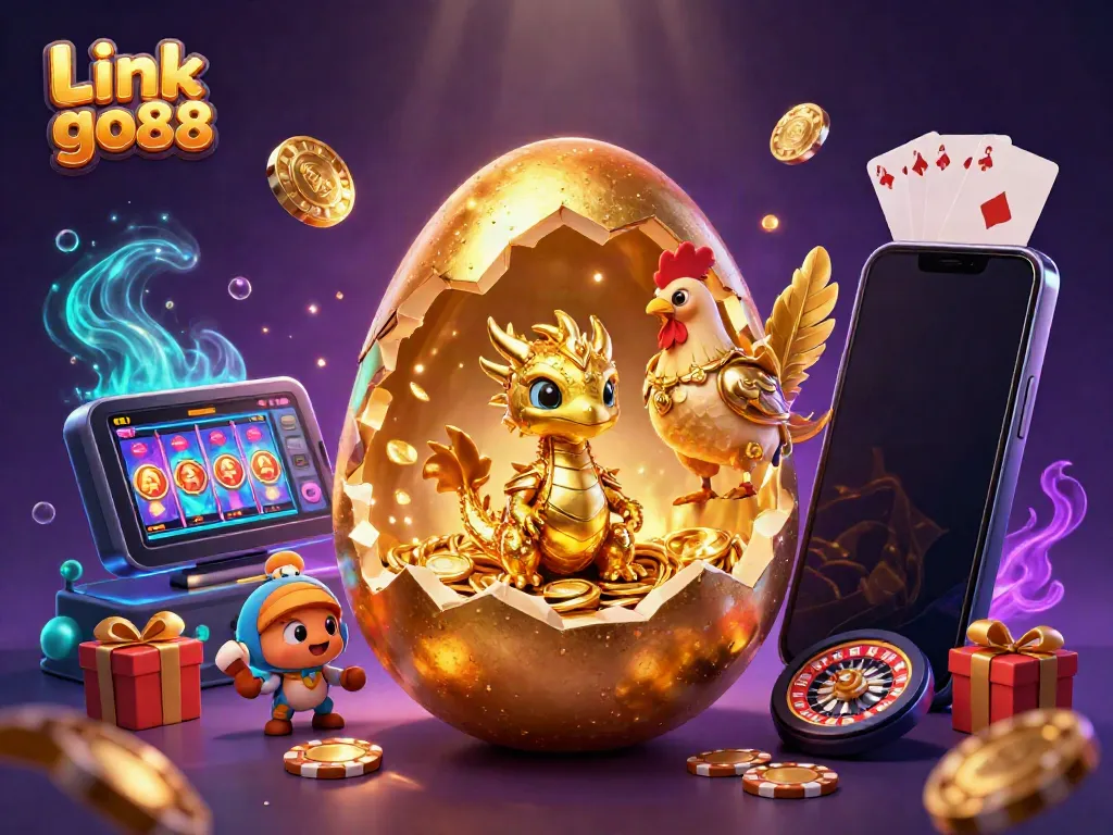 Experience the excitement of Link go88 with a visually rich illustration featuring a golden dragon and gaming elements.