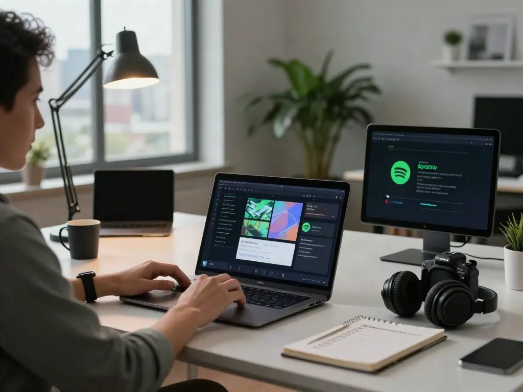 Learn how to cancel Spotify subscription with a user navigating the app at a modern desk.