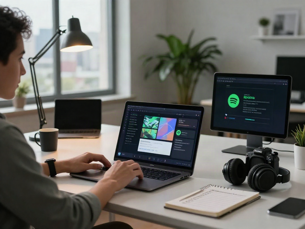 Learn how to cancel Spotify subscription with a user navigating the app at a modern desk.