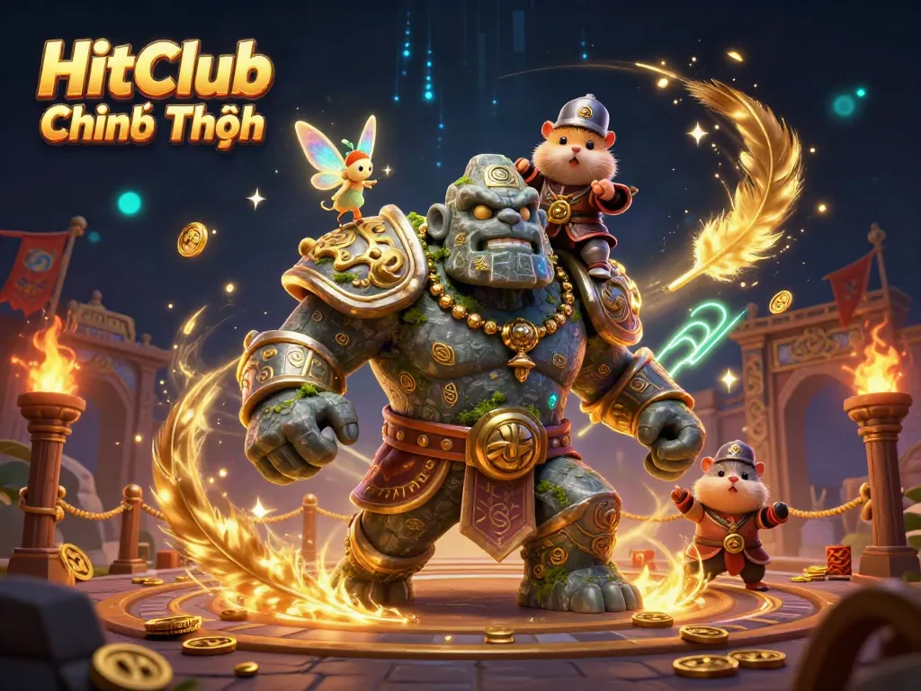 Experience the magic of HitClub Chính Thức with ancient golem, fairy, and hamster knight in a vibrant casino setting.