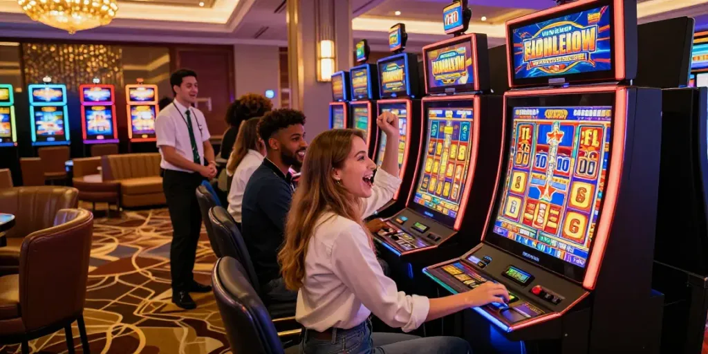 Slot gacor di kasino online, pemain merayakan kemenangan besar dengan suasana penuh kegembiraan.