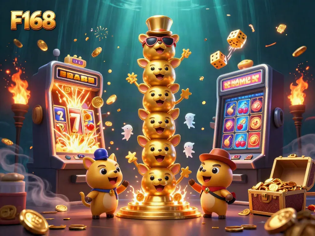 Experience jackpot excitement with F168 in this vibrant casino scene featuring dynamic elements.