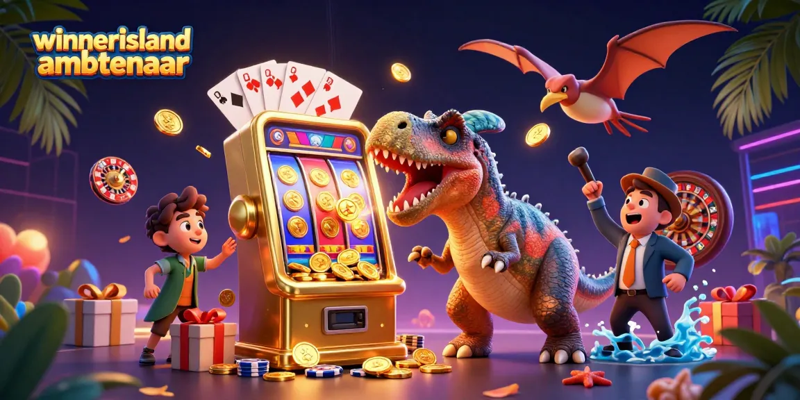 Catch golden coins in a dynamic scene featuring winnerisland ambtenaar with a playful dinosaur and casino elements.