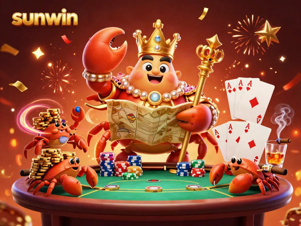 Experience thrilling casino action with the sunwin-themed golden crab emperor and his treasure-filled scene.