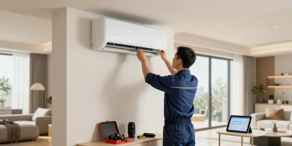 Installatie klimatisatie door professional in moderne woonkamer met zonlicht.