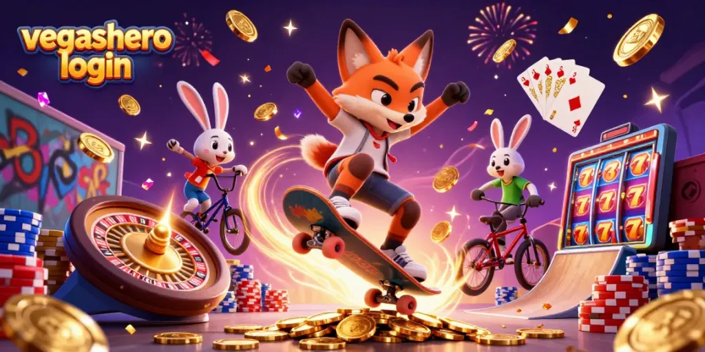 Experience the exciting vegashero login with vibrant, action-filled casino 3D illustration featuring charismatic characters.