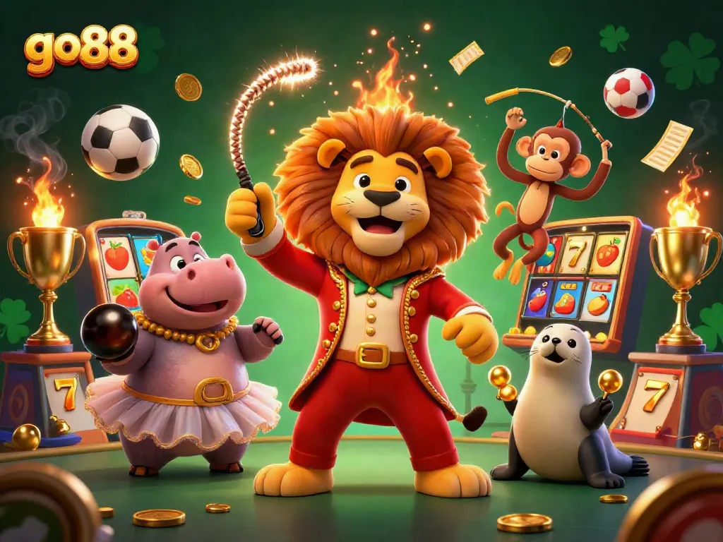 Experience high-energy casino action with go 88, featuring vibrant characters and flying jackpot symbols.