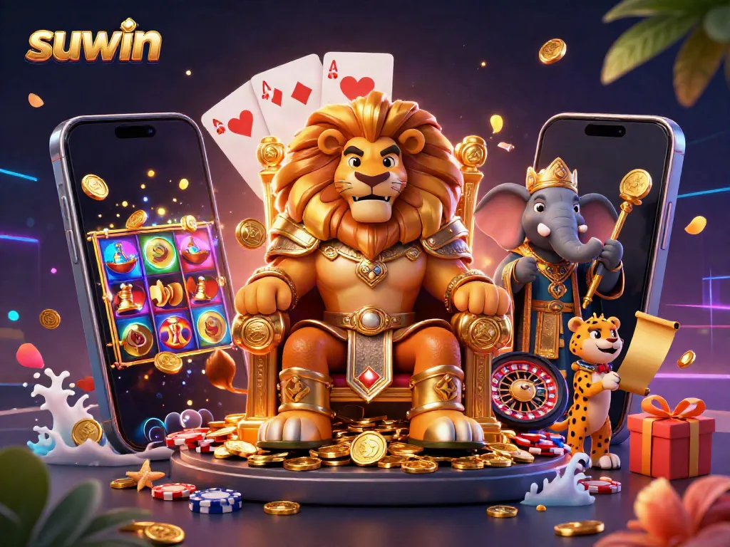Experience exciting gameplay with suwin as a fierce lion king presides over a vibrant casino scene.