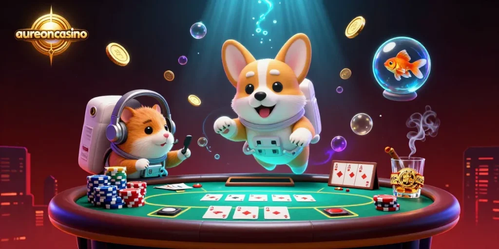 Aureoncasino showcases a floating astronaut corgi in a space station casino with poker elements, illustrating excitement and gaming