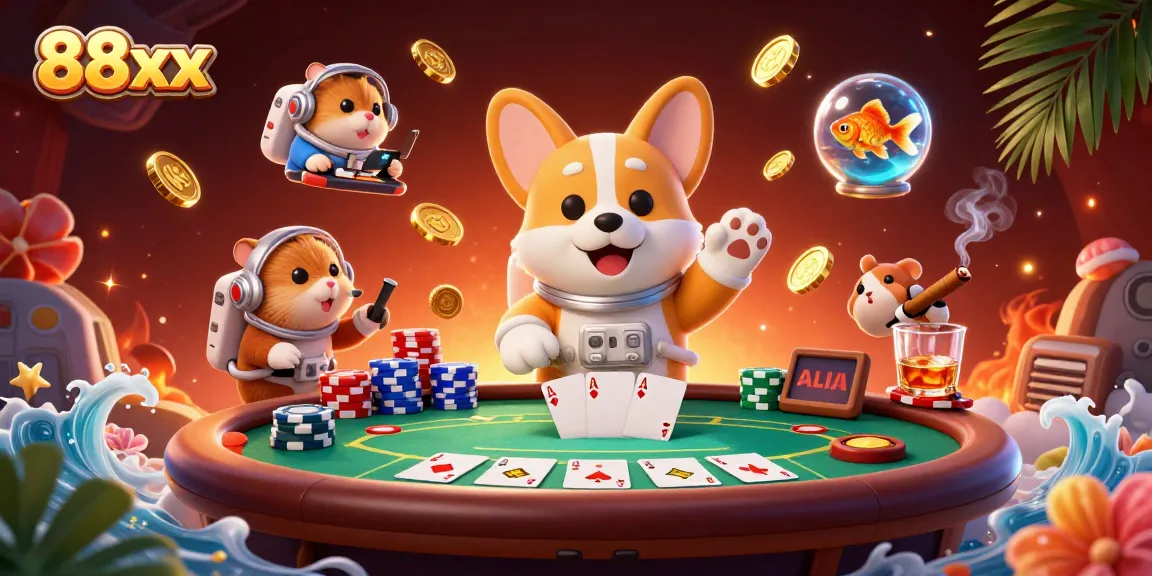 Experience thrilling gameplay at 88xx casino with corgi astronauts and floating poker chips.