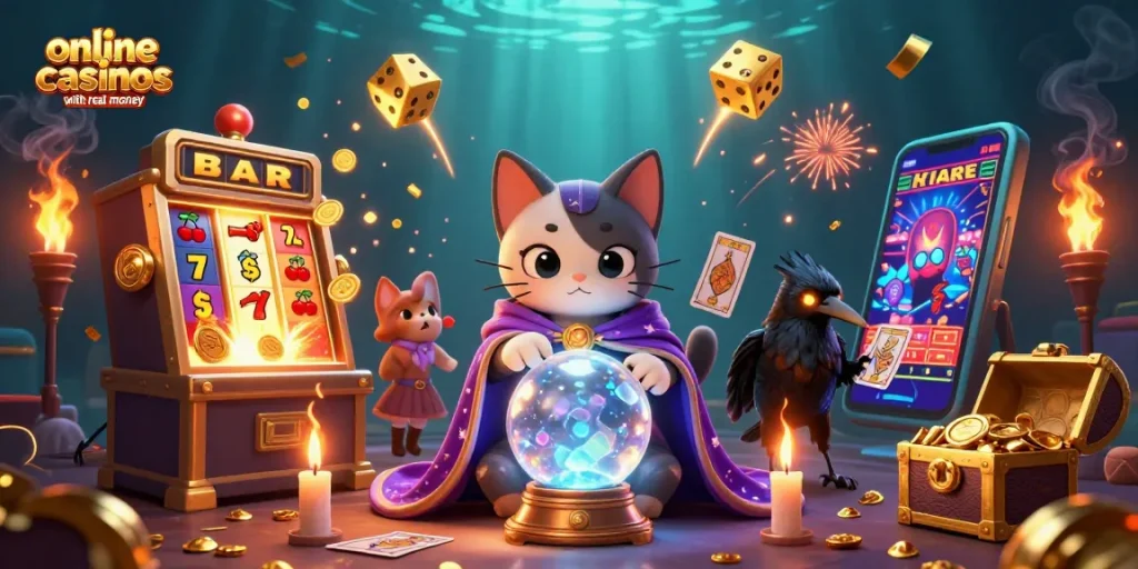 Experience thrilling wins at online casinos with real money, featuring dynamic slot machines and mystical characters.
