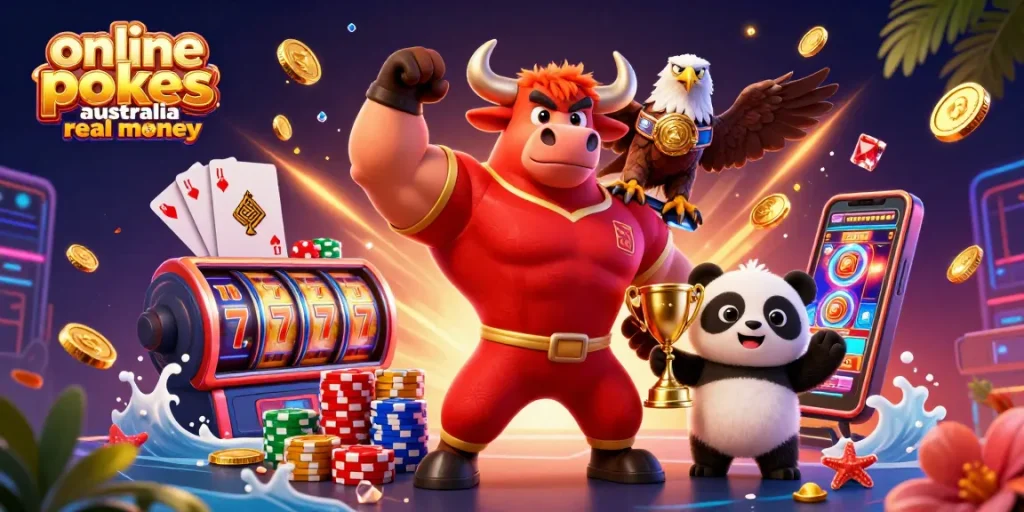 Spin thrilling online pokies Australia real money with vibrant characters and jackpots in this exciting scene.